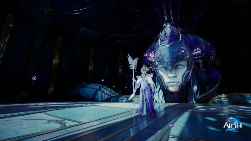 Facing down a massive creature in a dark arena — PvE targets sit inside the same contested space as faction fights