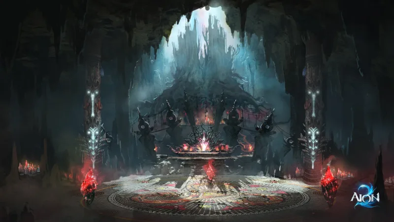 A circular boss arena ringed with crystals — the kind of staged arena AION 2’s instanced encounters are built around