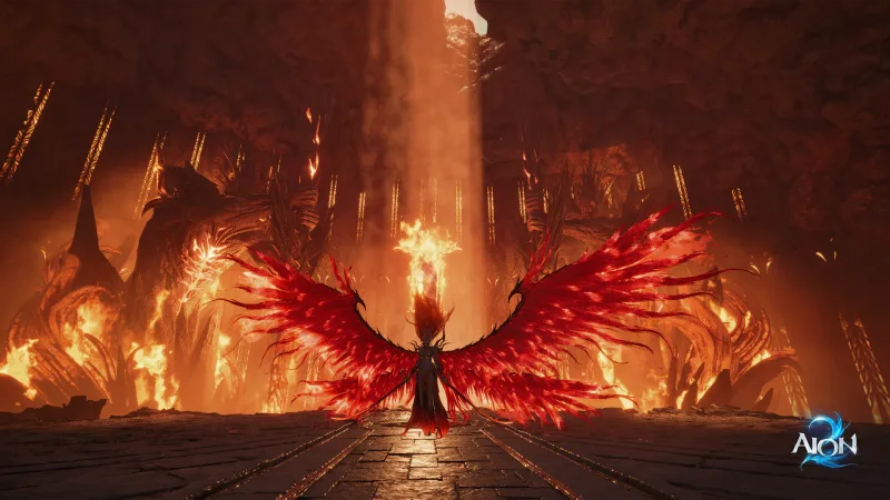 A winged figure wreathed in fire inside a volcanic hall — the Fire Temple’s element, rebuilt for AION 2
