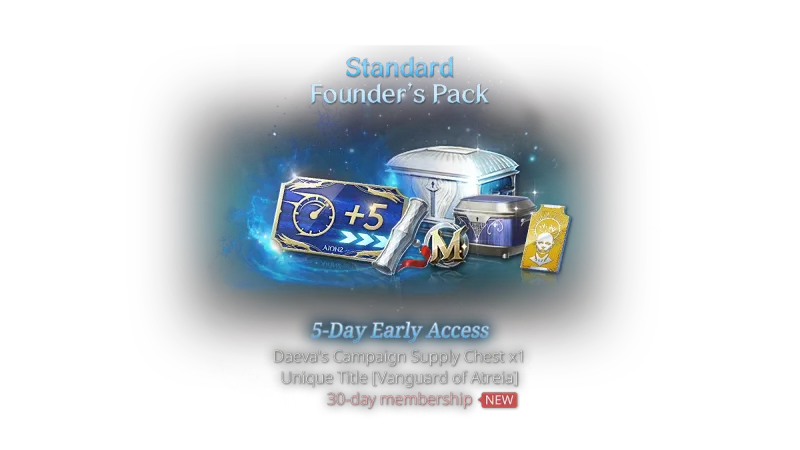 Standard Founder’s Pack contents — 5-day early access, campaign supply chest, unique title, 30-day Membership