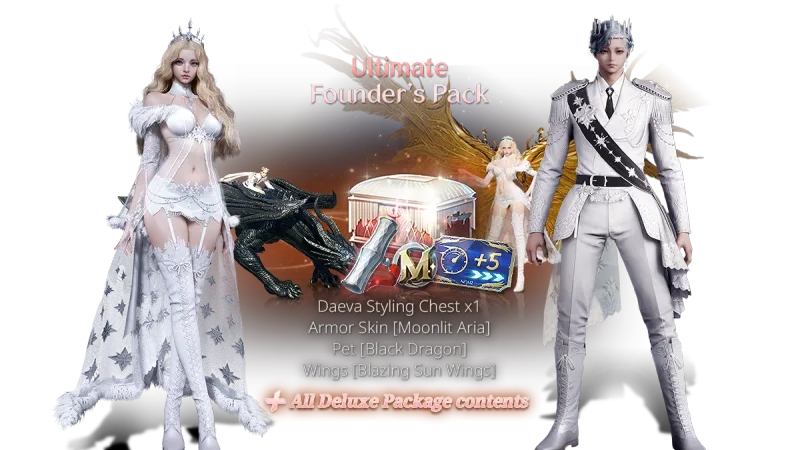 Ultimate Founder’s Pack contents — Daeva styling chest, mount, pet, and wings skins on top of the lower tiers