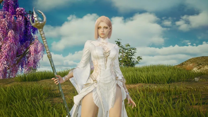 A Daeva wandering a bright meadow — the early zones ease you into flight and the main story