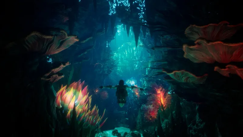 An underwater cavern lit by bioluminescent creatures — a zone type that did not exist in the 2008 original